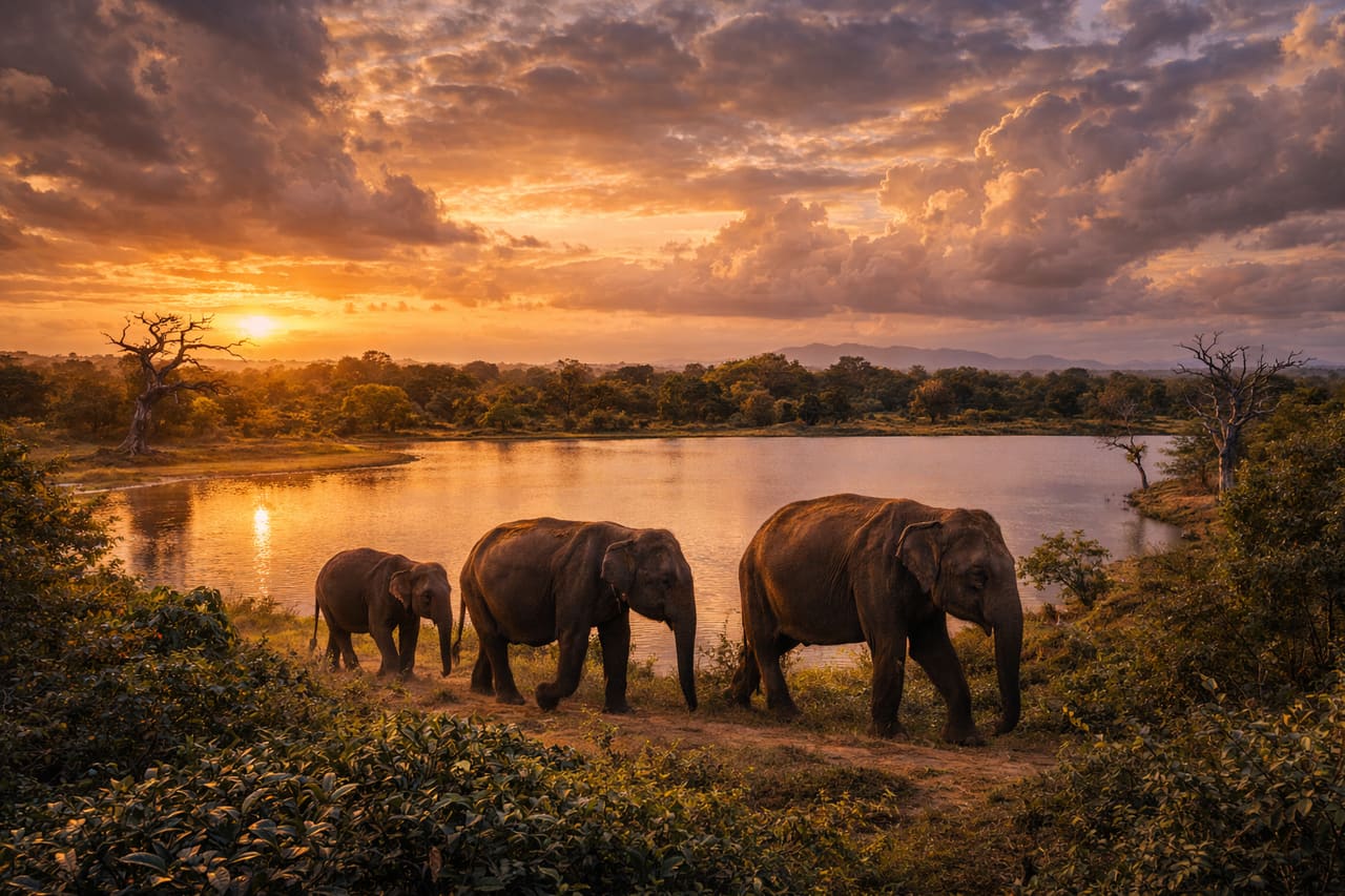Elefanti nel Parco Nazionale di Yala tra savane e lagune dello Sri Lanka.