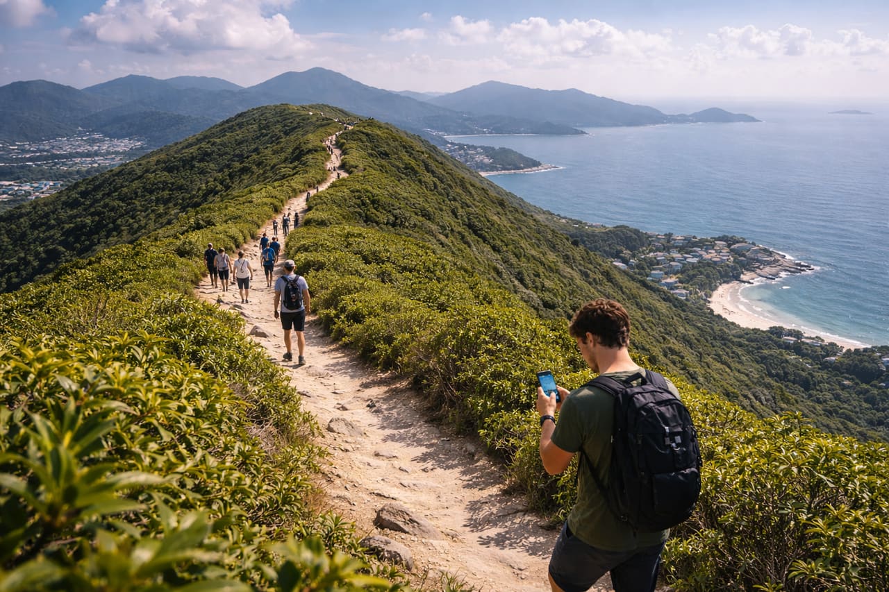 Il percorso escursionistico Dragon’s Back con vista su montagne e mare.
