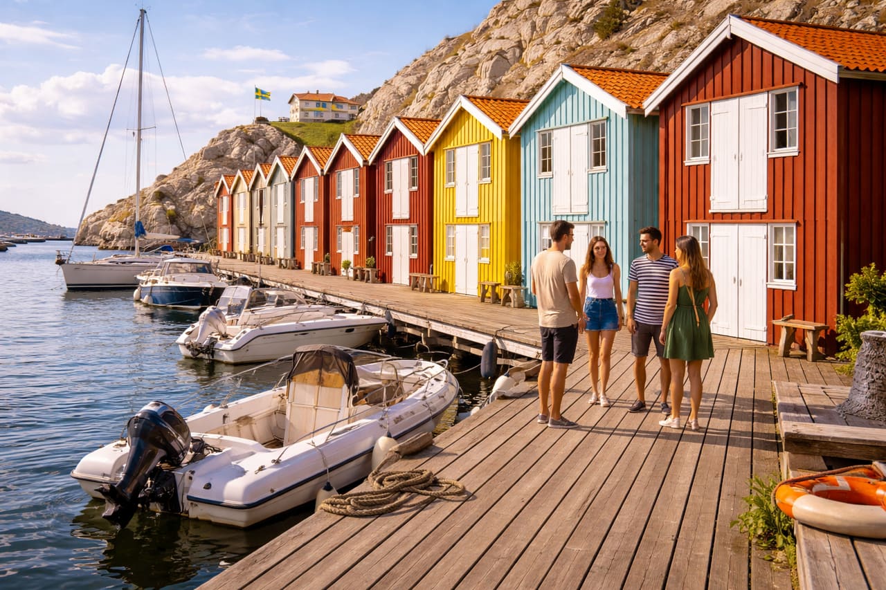 Passeggiata in legno di Smögen e turisti sullo sfondo