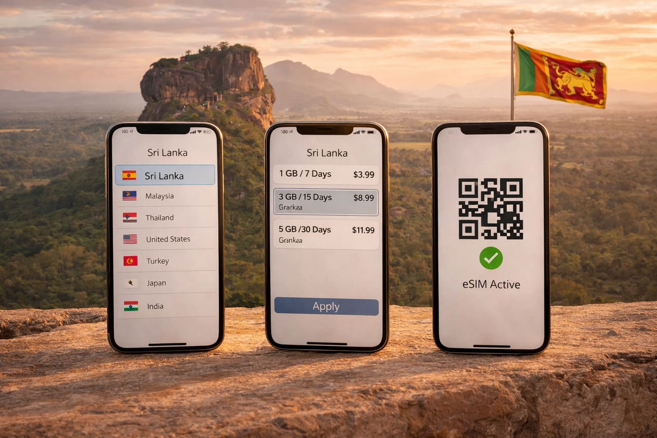 Smartphone con piani eSIM per lo Sri Lanka sullo sfondo della rocca di Sigiriya e di un paesaggio tropicale.