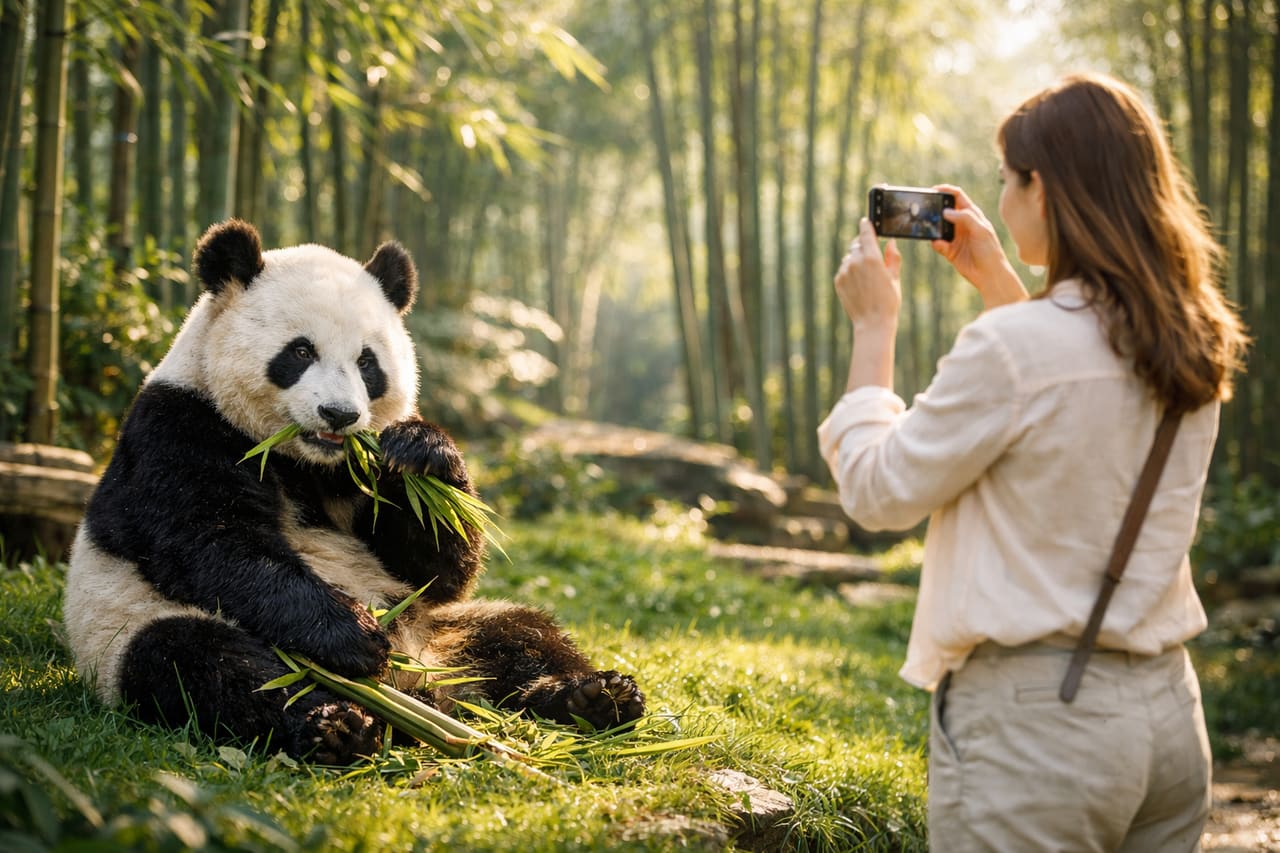 Un panda gigante nel centro di Chengdu e un turista con lo smartphone con eSIM