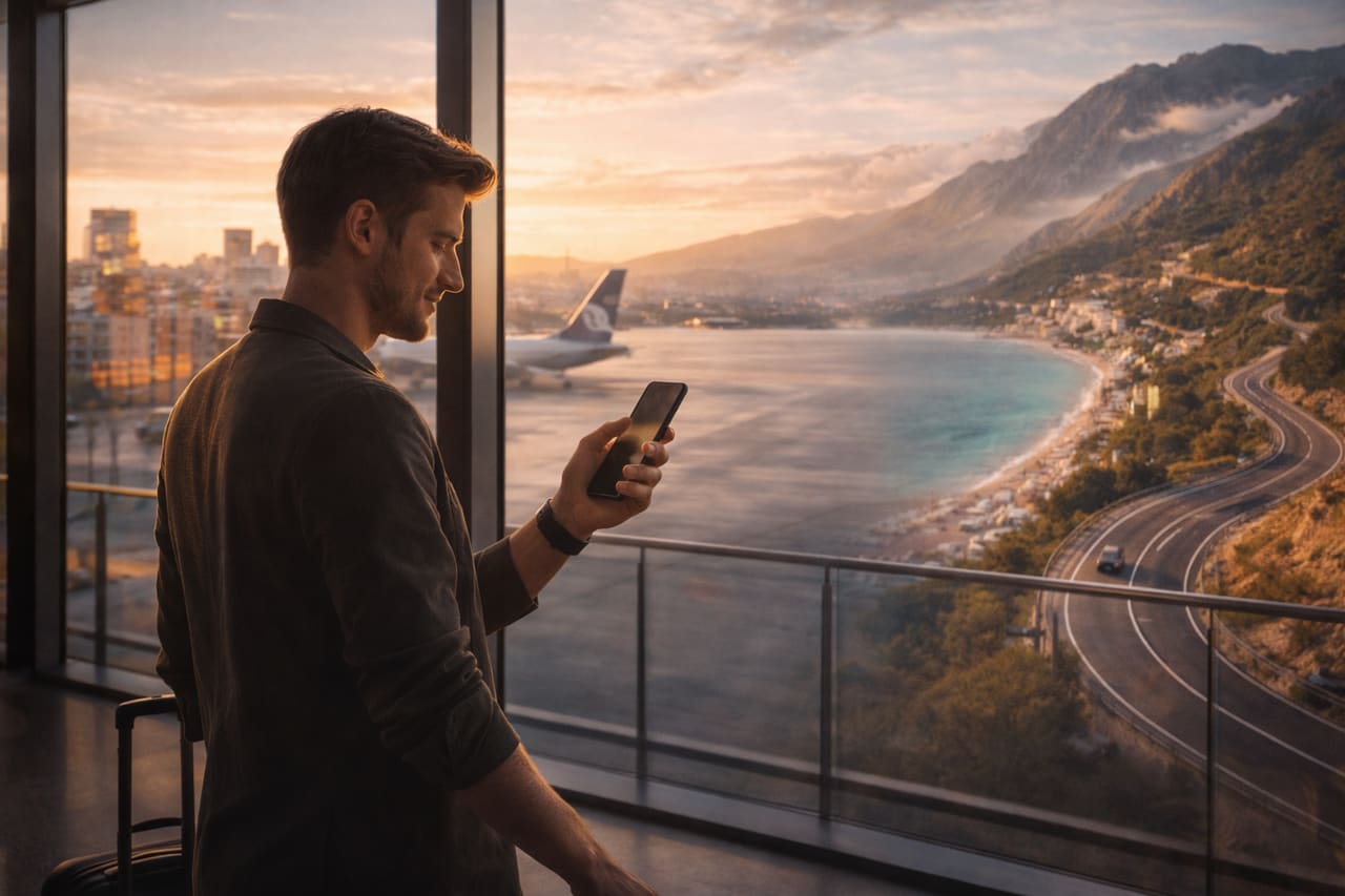 Un giovane viaggiatore all’alba nell’aeroporto di Tirana cammina verso le vetrate panoramiche, tiene lo smartphone davanti al viso, la luce morbida dello schermo illumina il profilo; oltre il vetro si vede la coda di un aereo e, sullo sfondo, la costa di Saranda, edifici cittadini e una strada di montagna tortuosa nelle Alpi Albanesi.