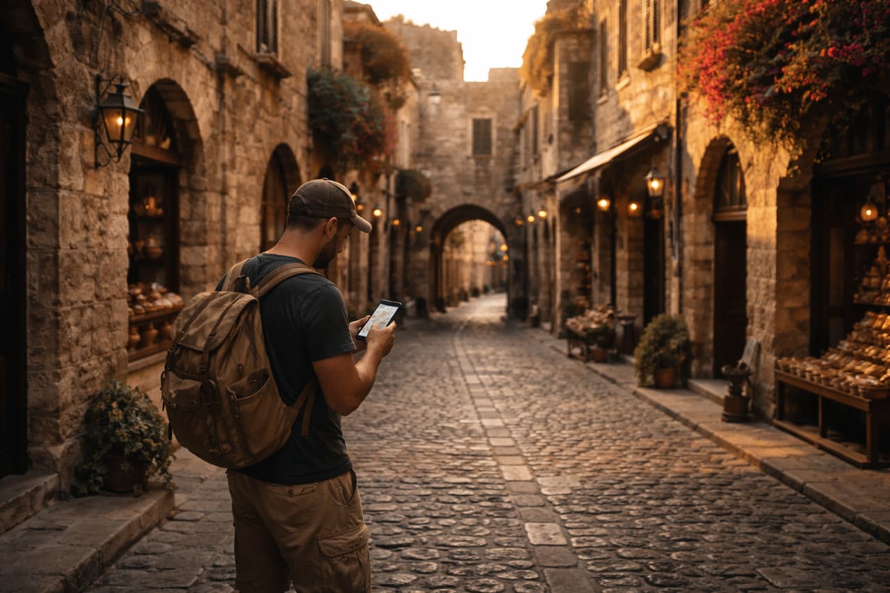 Città Vecchia di Rodi con strade di pietra e un turista che usa uno smartphone con eSIM attiva