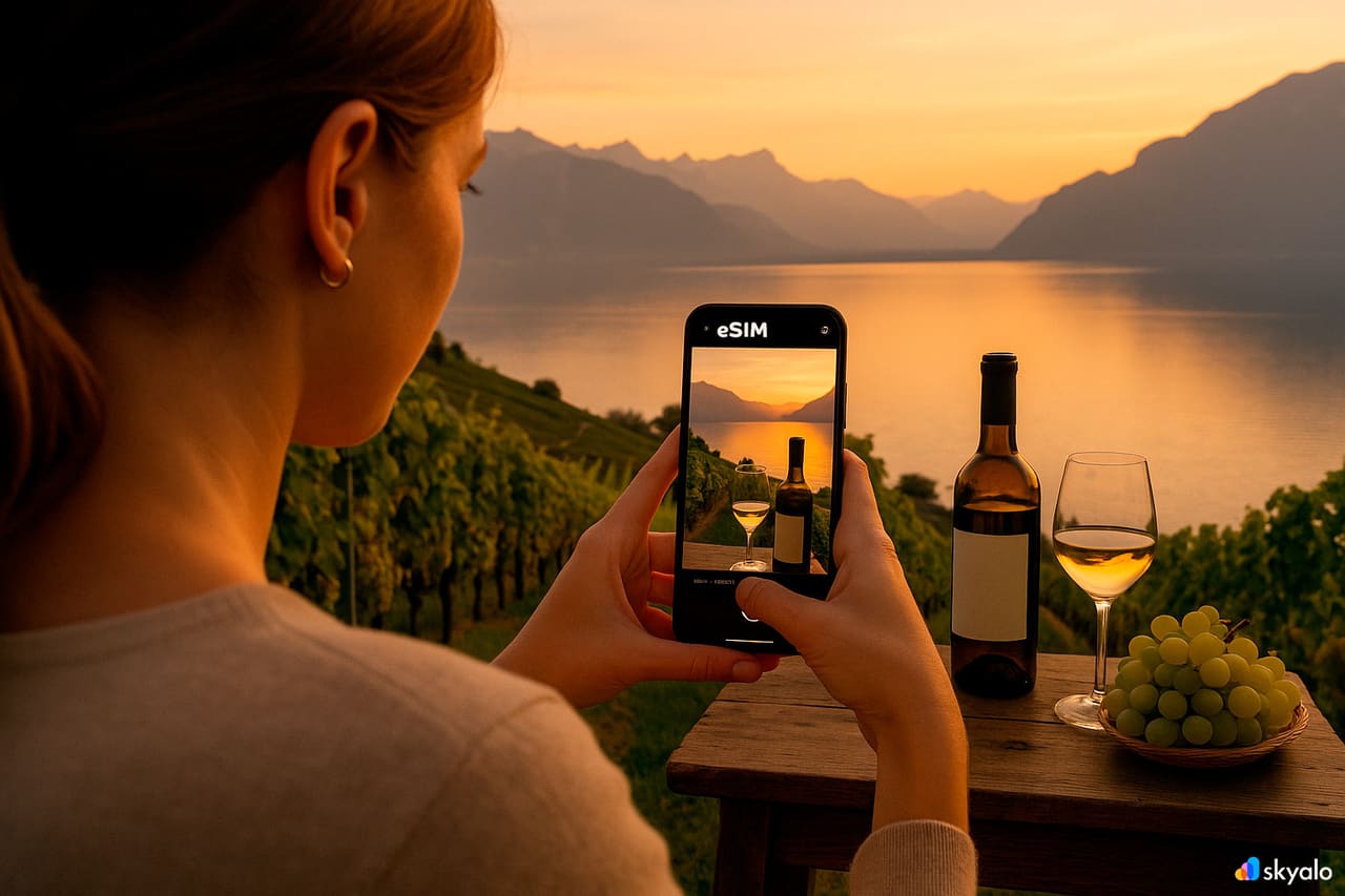 Donna in un vigneto dell’Okanagan; eSIM Skyalo sul telefono, bagliore ambrato, laghi e filari di viti