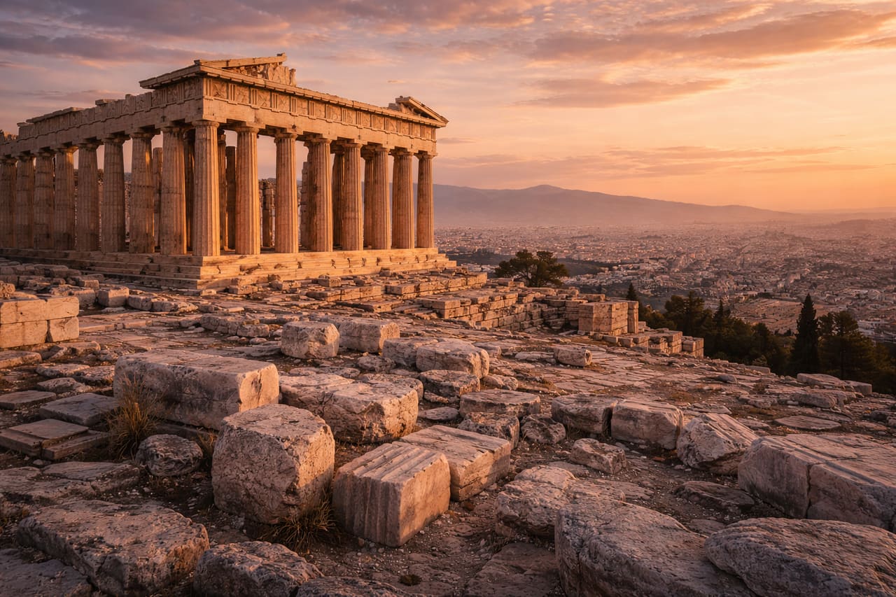 Acropoli di Atene e Partenone sullo sfondo della panoramica della città