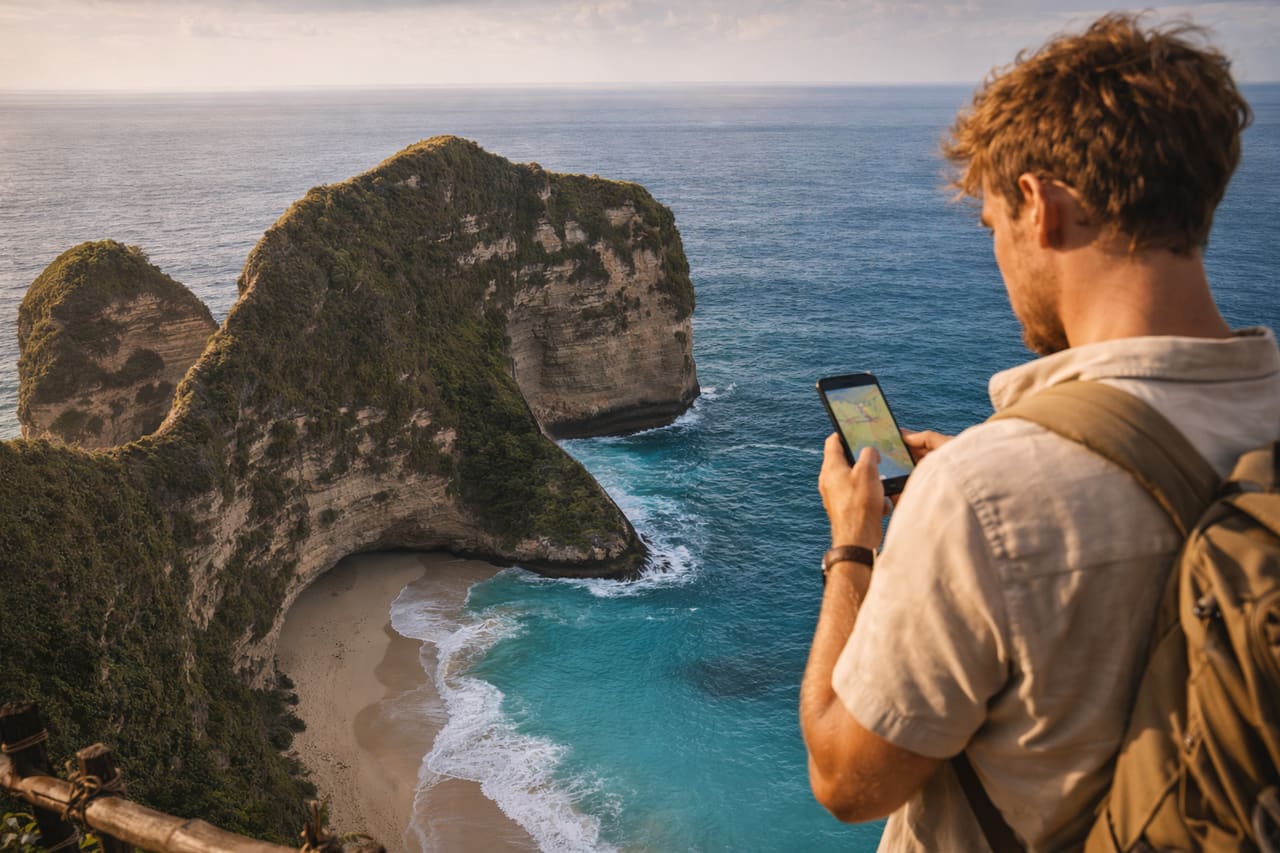 Scogliera di Kelingking Beach a Nusa Penida e un turista con lo smartphone