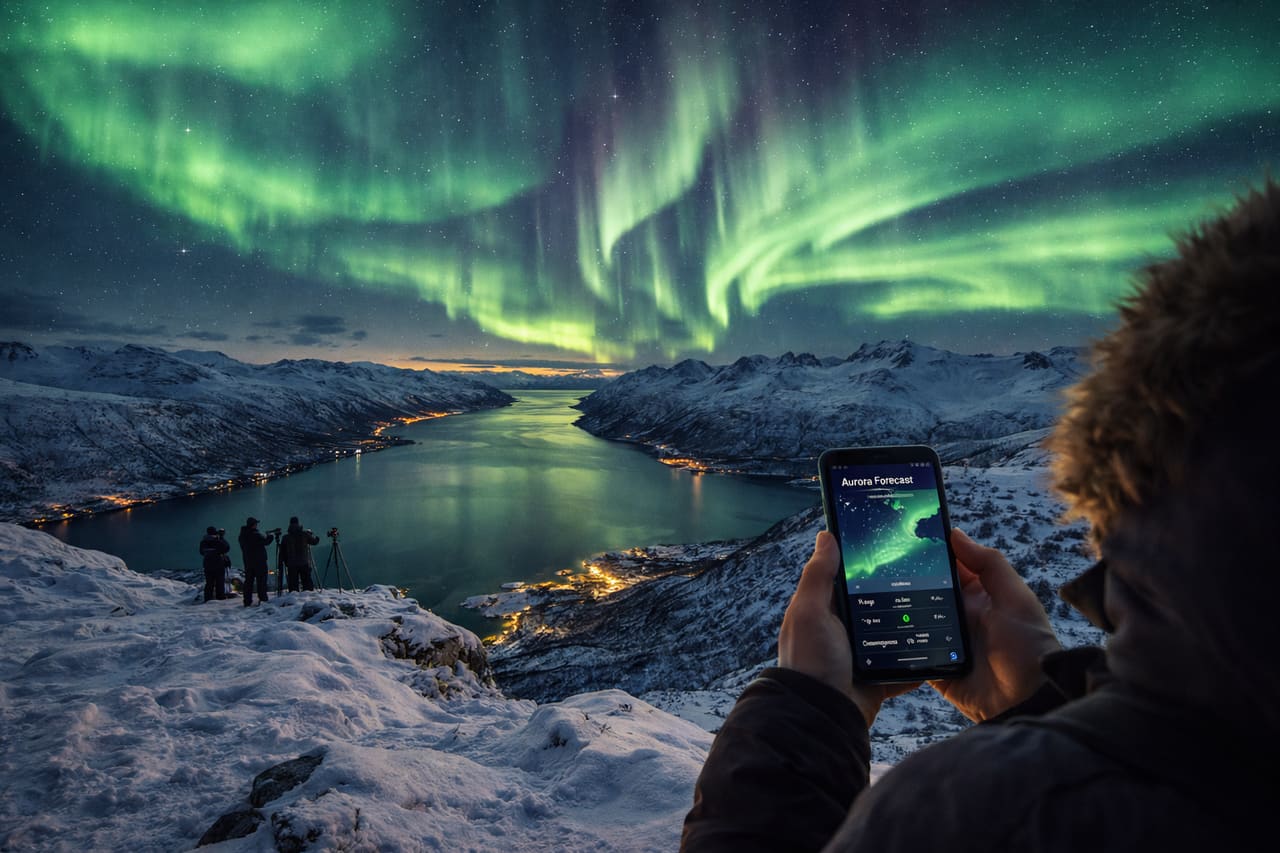 Aurora boreale sopra Tromsø – paesaggio invernale norvegese con luce polare verde