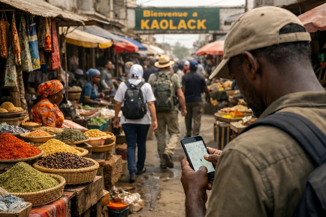Mercato della città di Kaolack con vivaci file di bancarelle.
