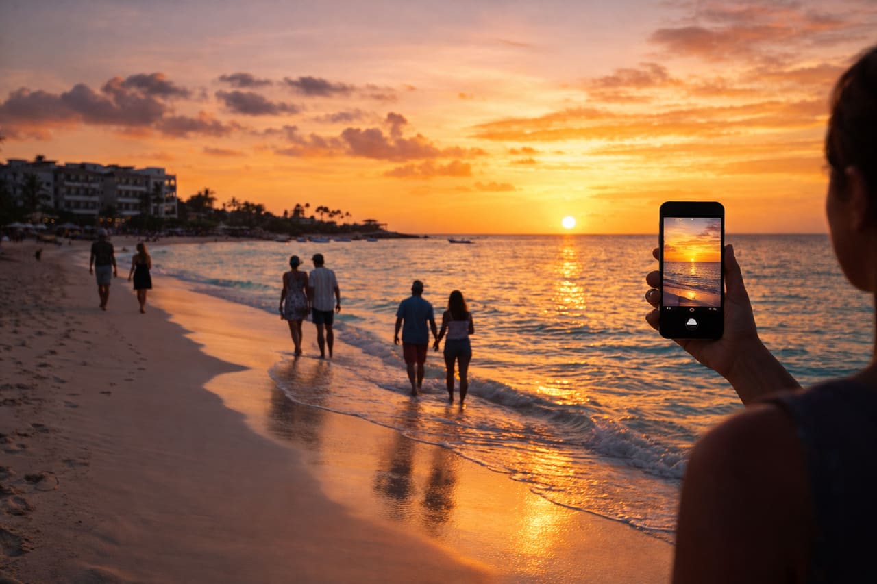 Baia al tramonto con turisti in passeggiata
