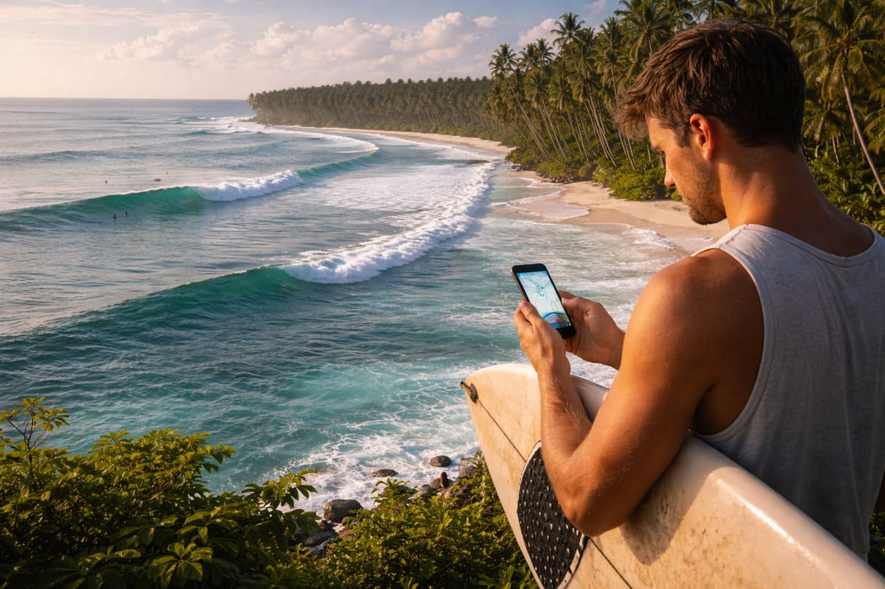 Surfer alle isole Mentawai con lo smartphone