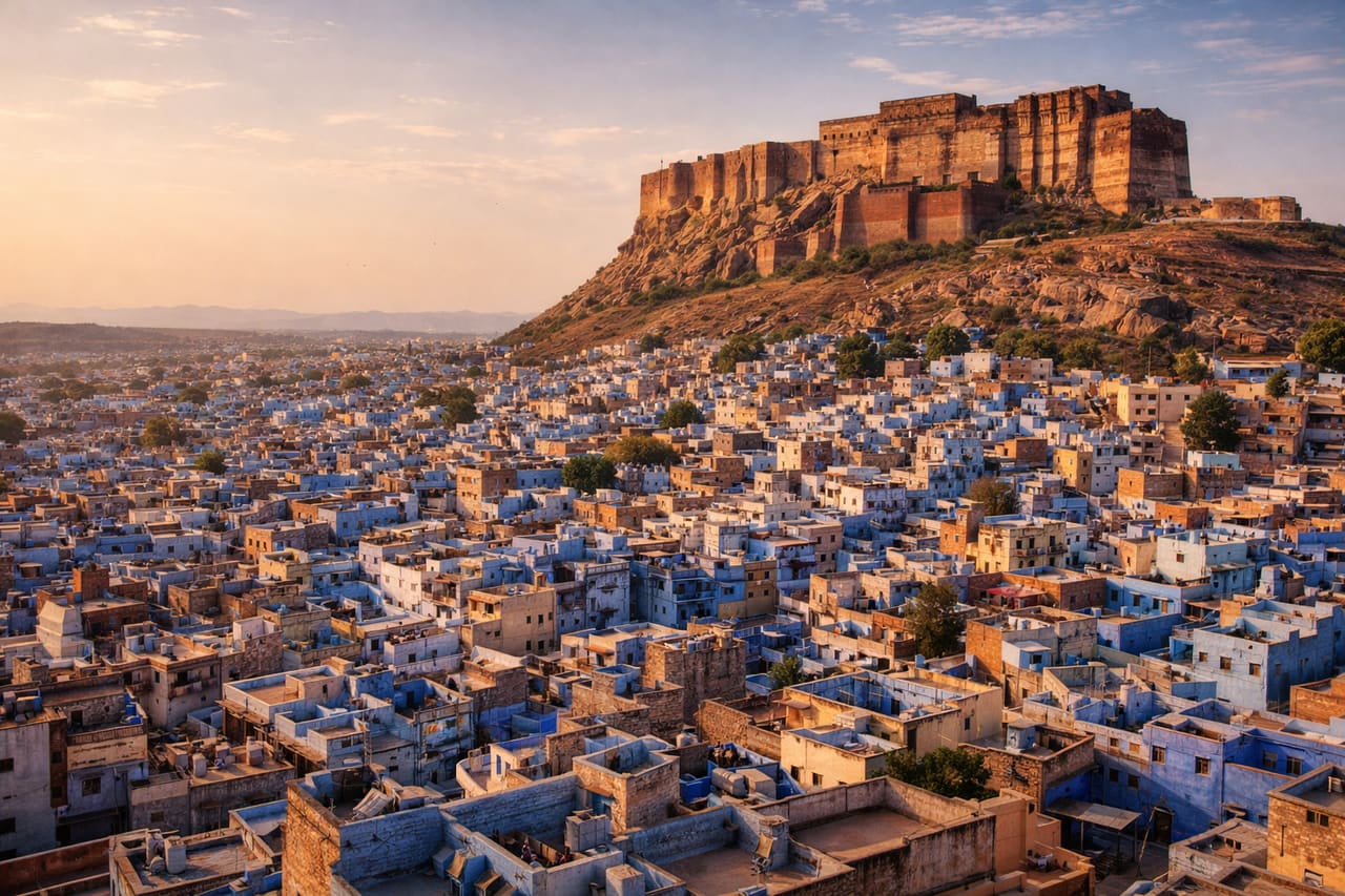 Panoramatický pohled na modré město Džódhpur s modrými domy, mohutnou pevností Mehrangarh a teplým pouštním světlem Rádžasthánu.