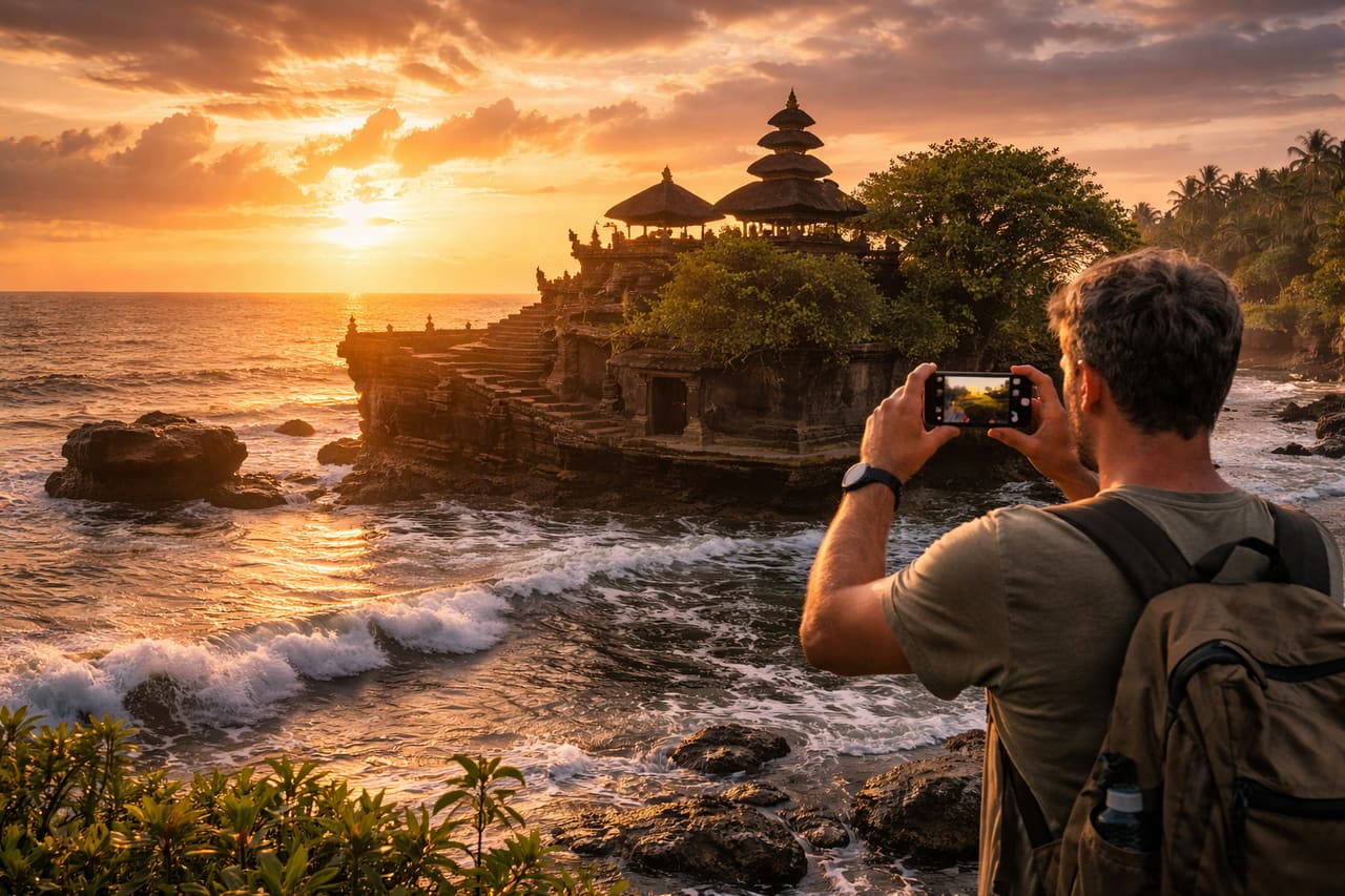 Tempio di Tanah Lot e un turista che lo fotografa col telefono