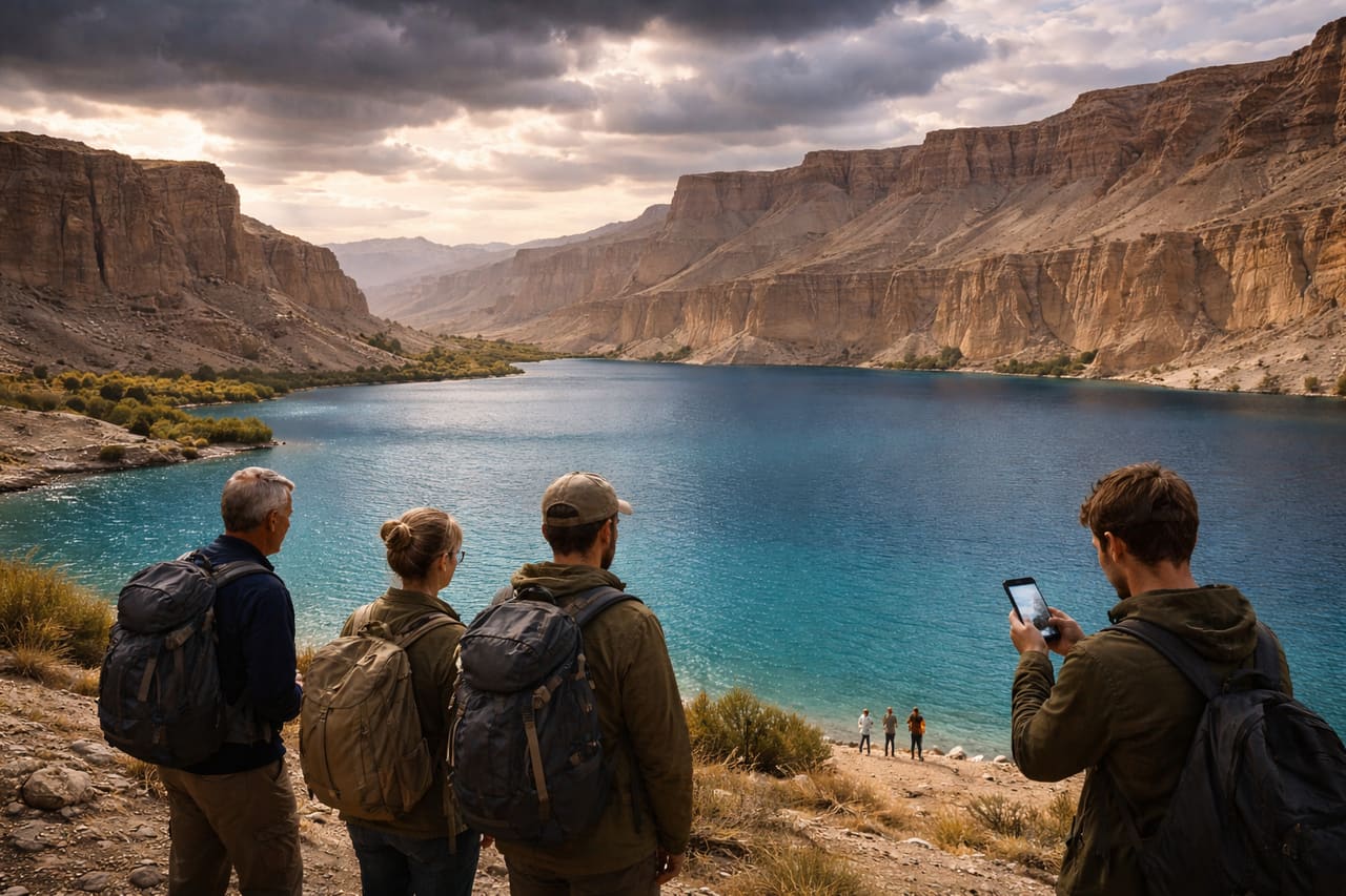 I laghi di Band-e Amir e un turista con telefono con eSIM
