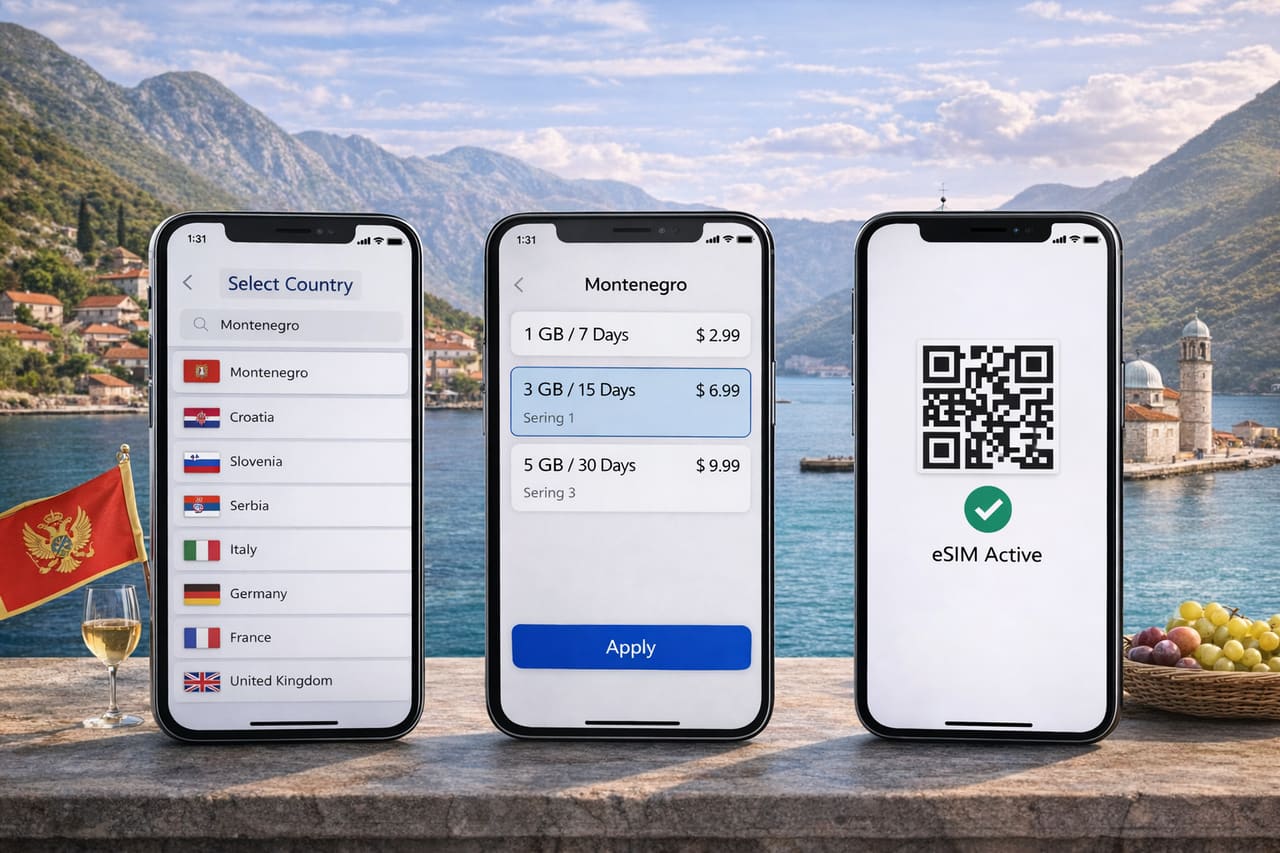 Tre smartphone con scelta del piano e attivazione eSIM in Montenegro sullo sfondo delle Bocche di Cattaro