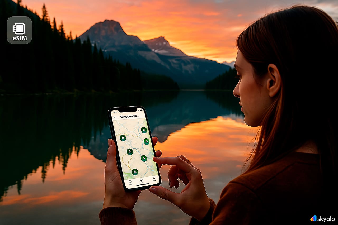 Donna che fotografa il ponte su Emerald Lake; mappa del campeggio sul telefono, riflessi verdi nell’acqua