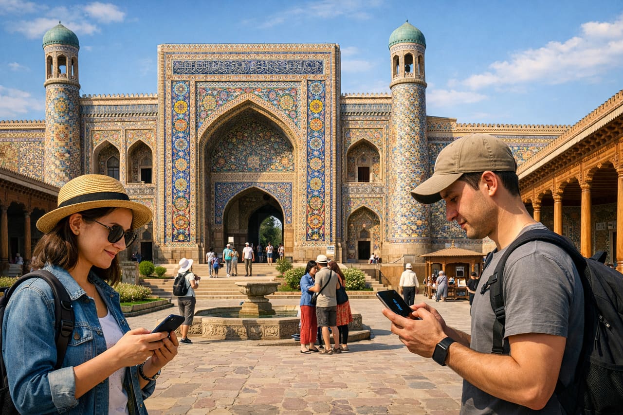 I viaggiatori usano uno smartphone con eSIM e internet vicino al Palazzo di Khudayar Khan a Kokand