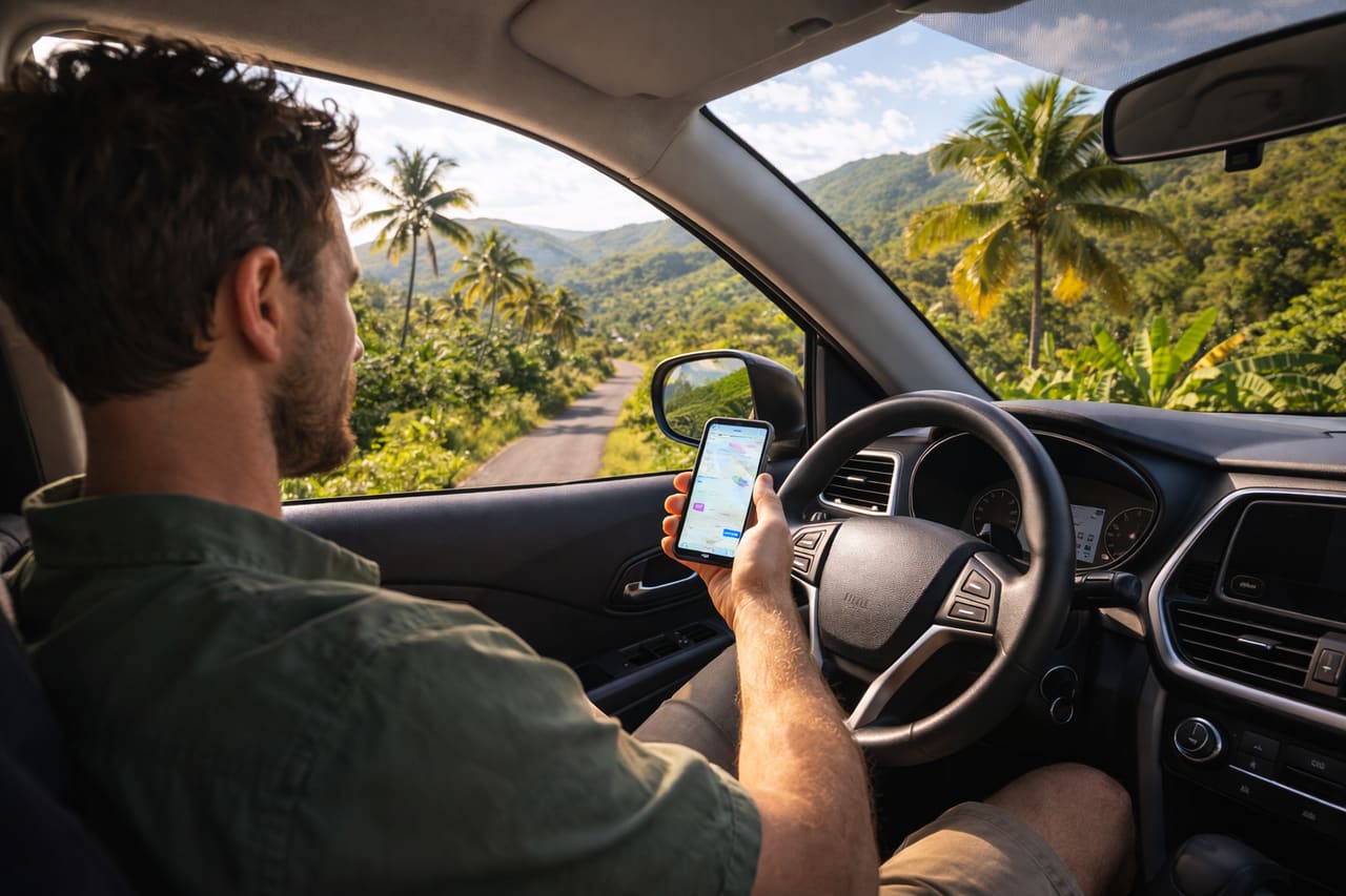 La strada panoramica Fig Tree Drive e un viaggiatore che usa la navigazione tramite eSIM