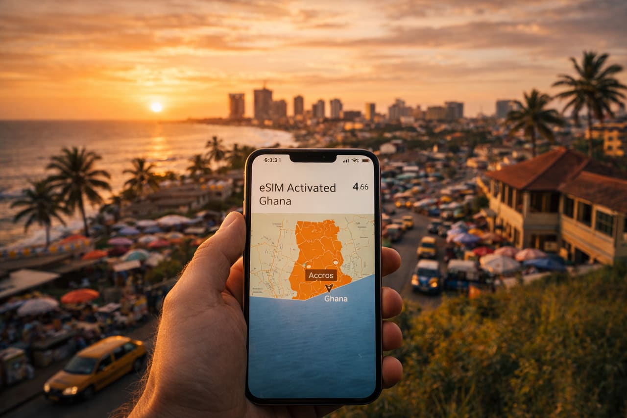 Smartphone con eSIM attiva sullo sfondo della città di Accra in Ghana e della costa dell’Oceano Atlantico