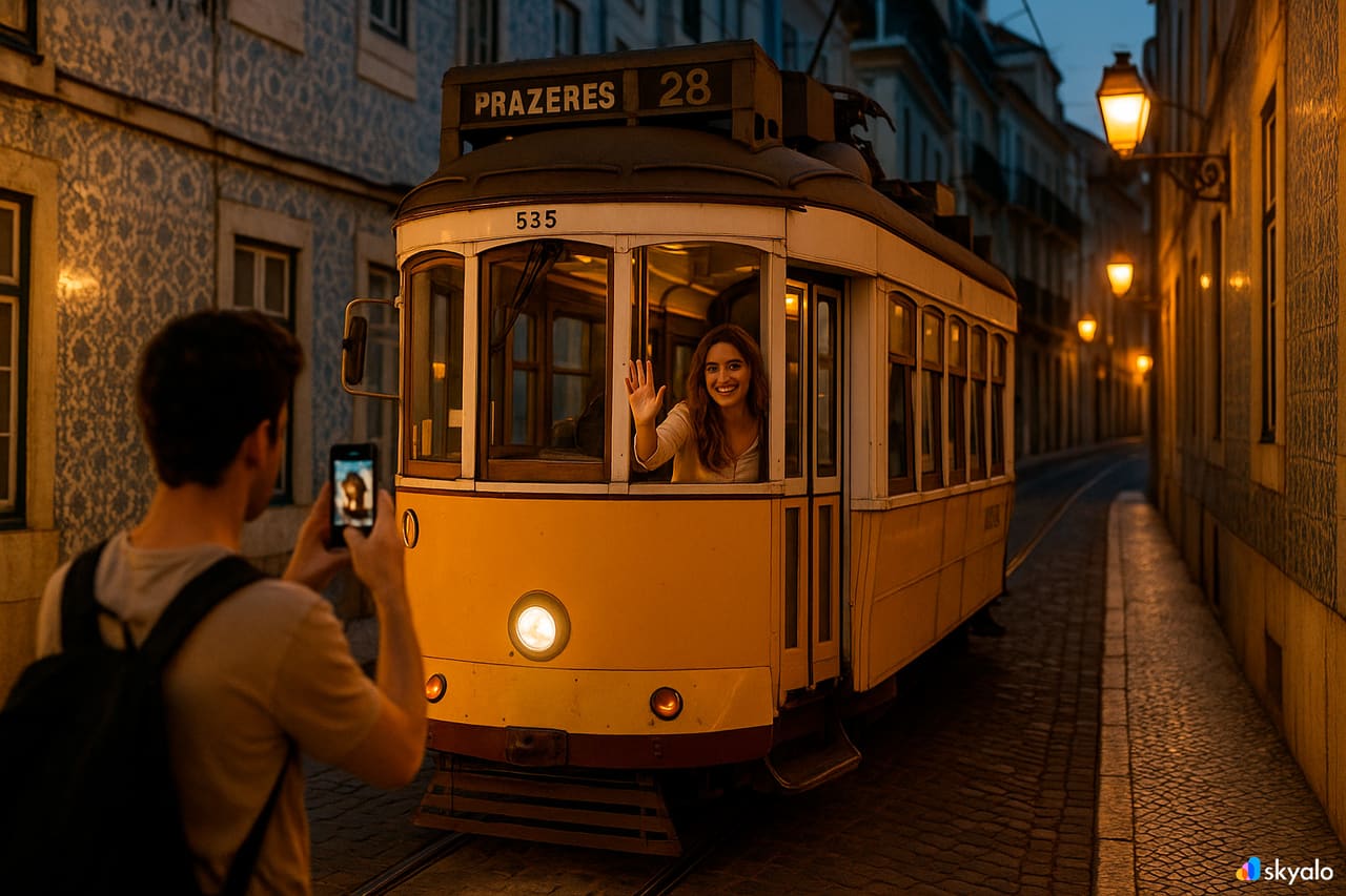 Uomo che fotografa la compagna mentre sale sul tram 28E ad Alfama tra azulejos e luci della sera