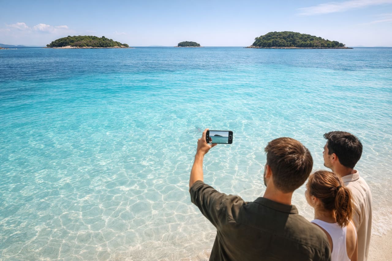 Spiagge turchesi di Ksamil in Albania con acqua trasparente e isole sullo sfondo