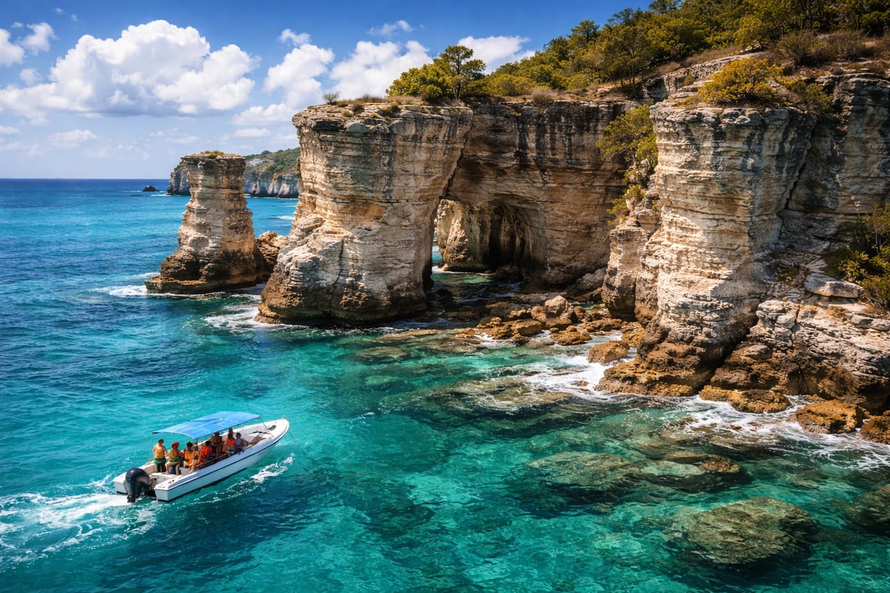 Scogliere Pillars of Hercules vicino a English Harbour e viaggiatori in barca