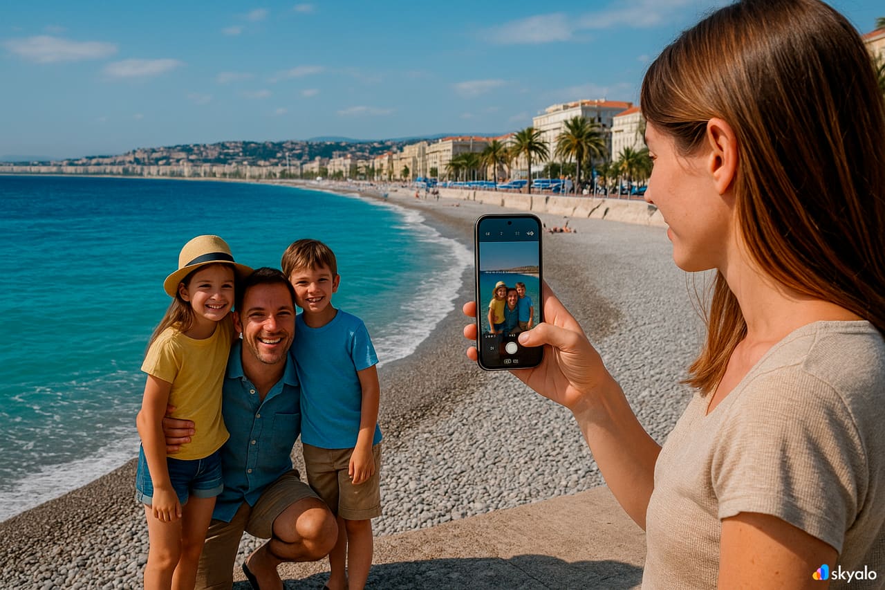 Nice and French Riviera beach with tourists and a smartphone using eSIM