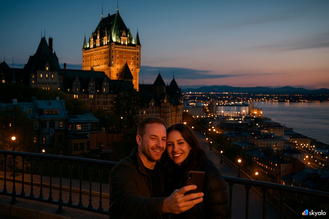 Coppia che si fa un selfie sulla Terrasse Dufferin; guida di viaggio sul telefono, bandiere e fiume San Lorenzo sullo sfondo