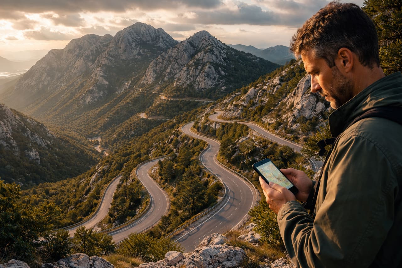 Strada di montagna nel parco del Lovćen e un viaggiatore con lo smartphone