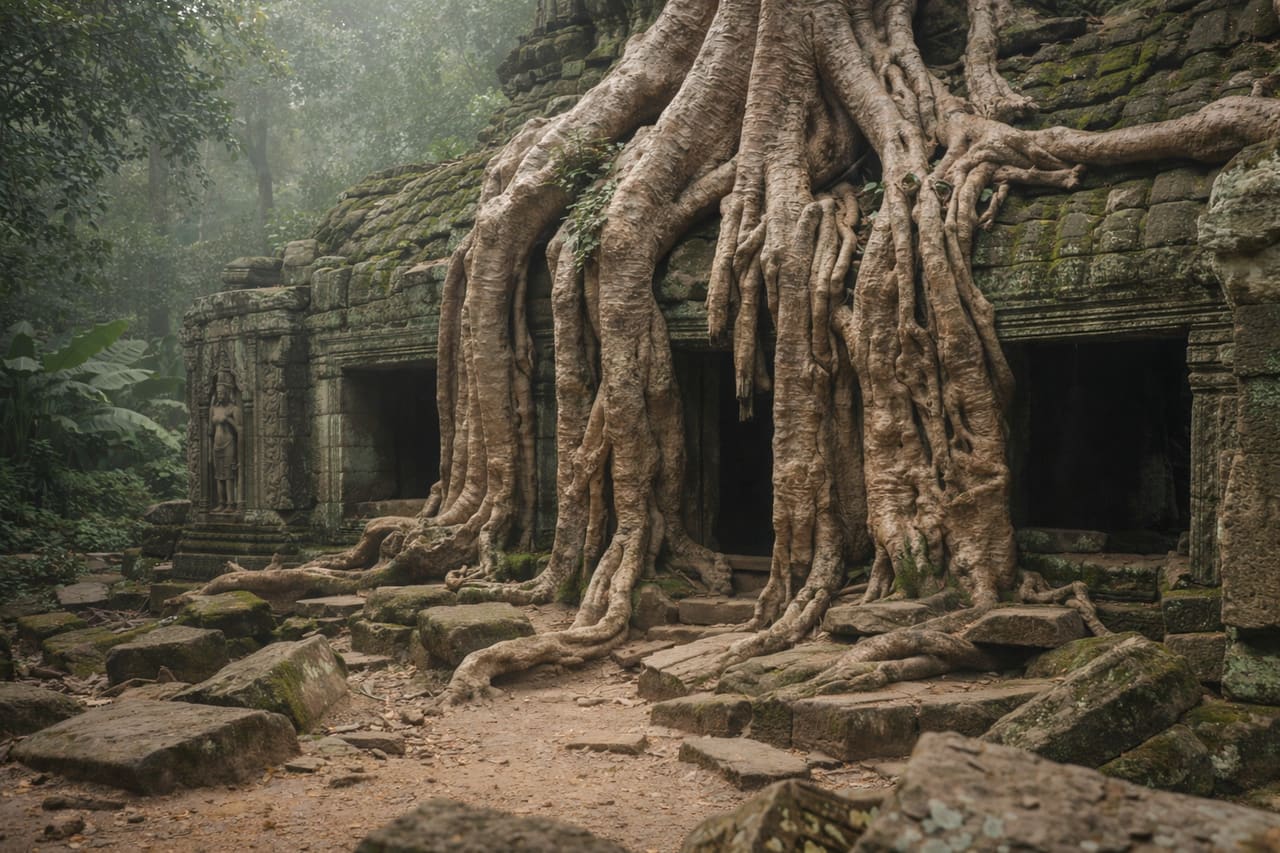 Tempio Ta Prohm con radici degli alberi