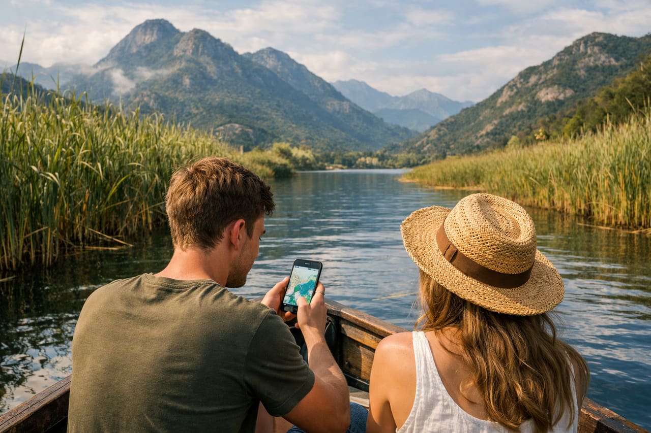 Giro sul Lago di Scutari e un turista con lo smartphone