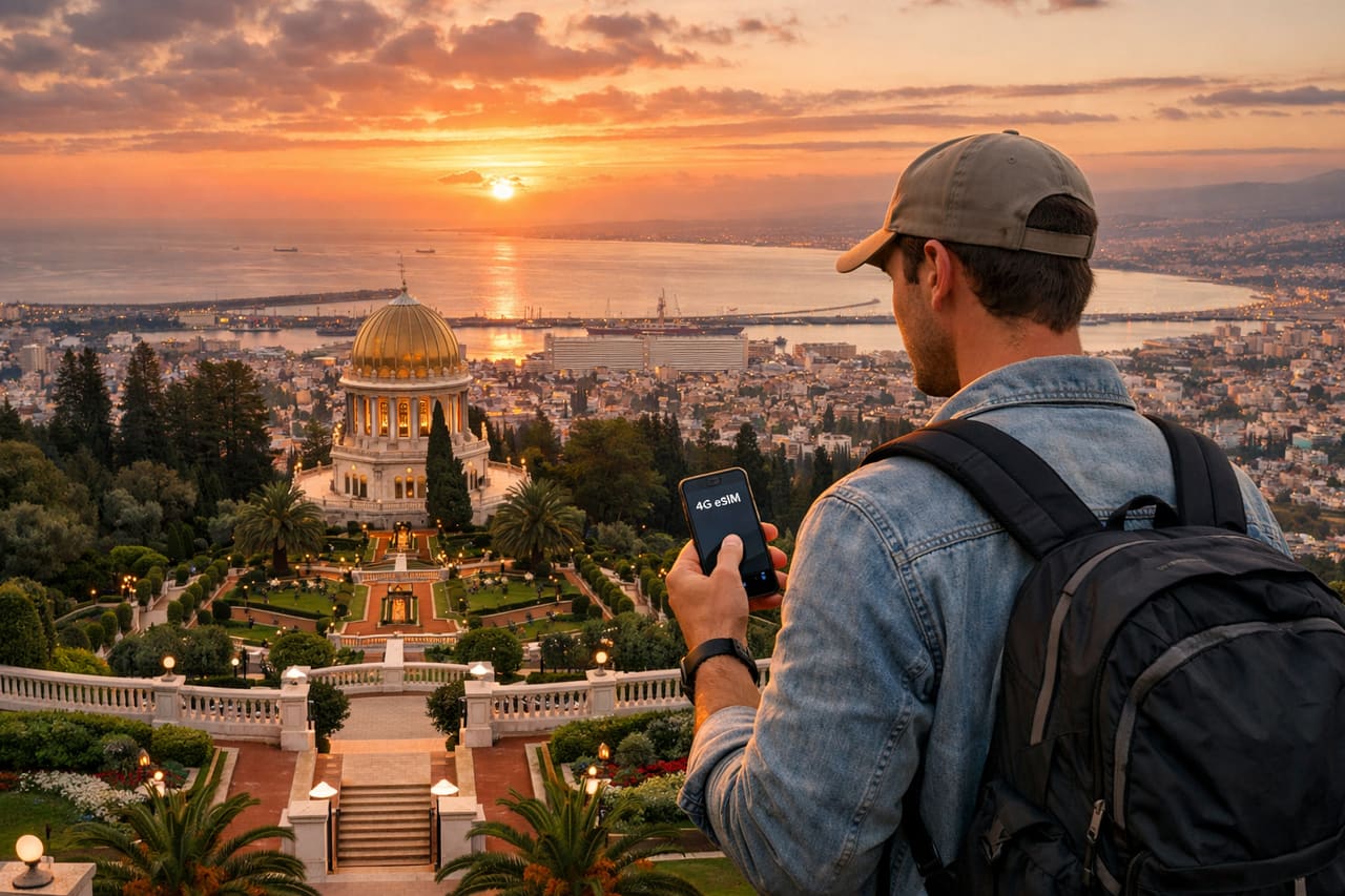 I Giardini Bahá’í a Haifa e un viaggiatore che usa uno smartphone con eSIM su un belvedere