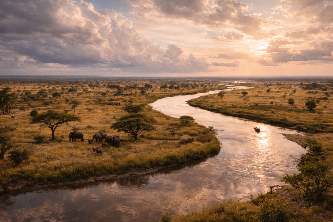 W Nationalpark i Benin med stor savanne, flod, åben horisont og atmosfæren i Vestafrikas vilde natur