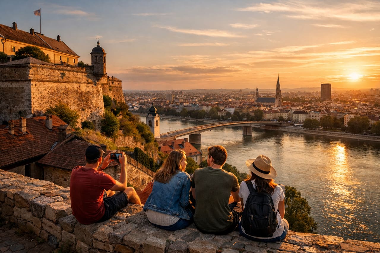 La Fortezza di Petrovaradin a Novi Sad con vista panoramica sul Danubio e sul centro storico.