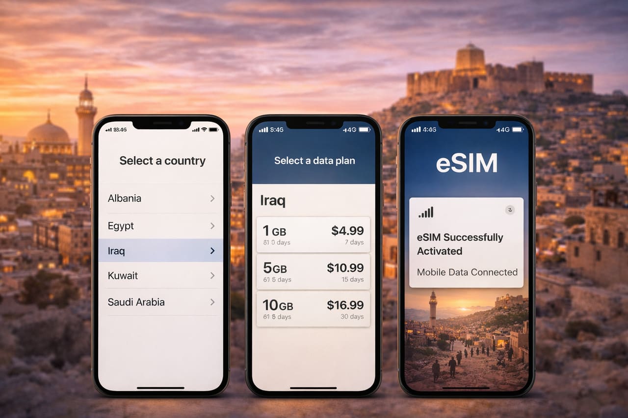 eSIM aktyvavimas Irakui trijuose išmaniuosiuose telefonuose: šalies pasirinkimas, planas ir sėkminga aktyvacija