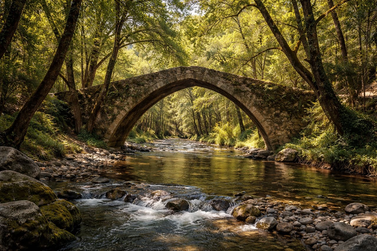 Antico ponte in pietra Tzelefos nelle foreste dei Troodos a Cipro.