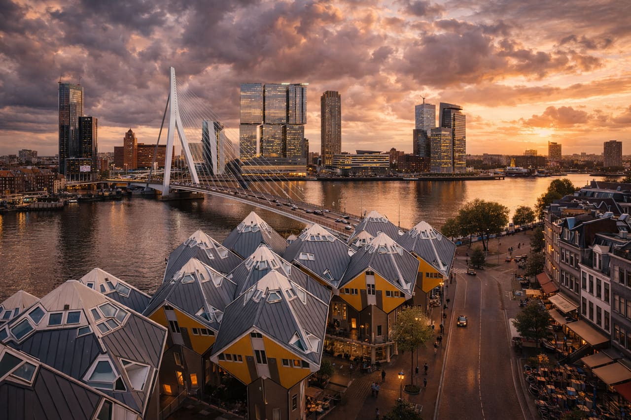 Lo skyline moderno di Rotterdam con il Ponte Erasmus e le Case Cubiche