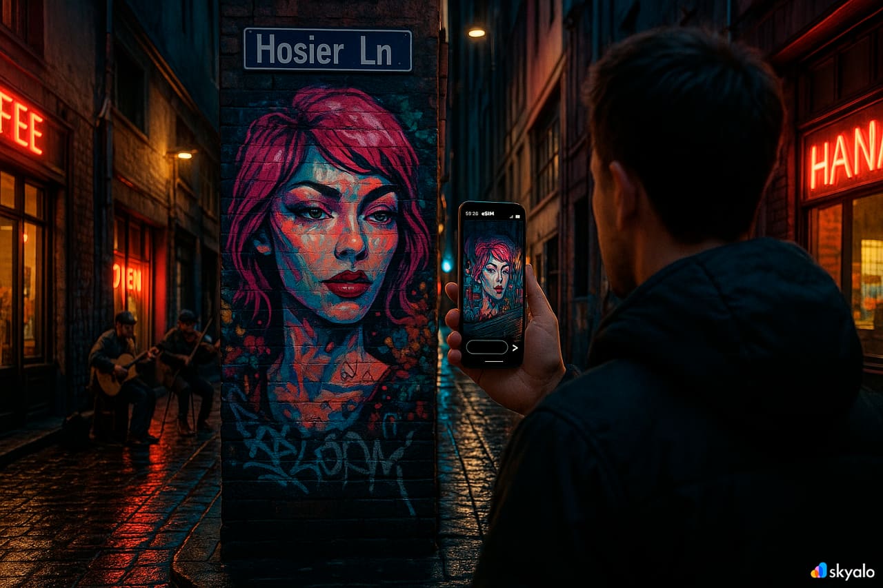 Tourist photographing street art in Melbourne’s laneways; posting a story thanks to Skyalo eSIM, wet cobbles and neon