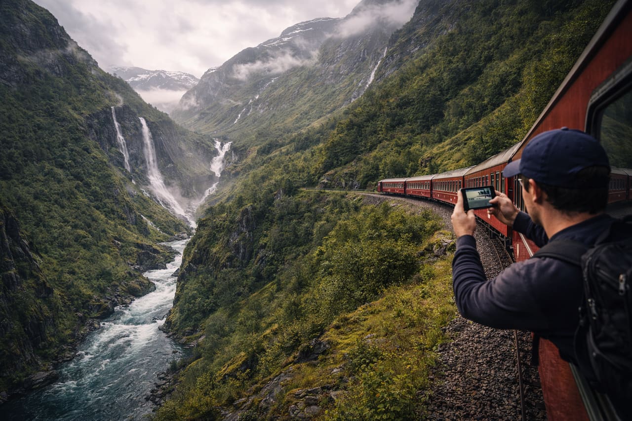 Treno della Ferrovia di Flåm tra montagne e cascate norvegesi