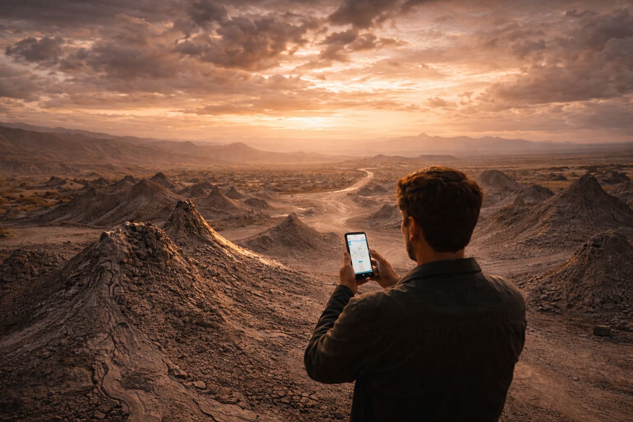 obustan - epico paesaggio roccioso con vulcani di fango e un ampio orizzonte sotto un cielo drammatico; una minuscola figura di spalle tiene il telefono davanti a sé, sullo schermo si intravede appena un percorso di navigazione: la scala della natura sovrasta l’uomo.