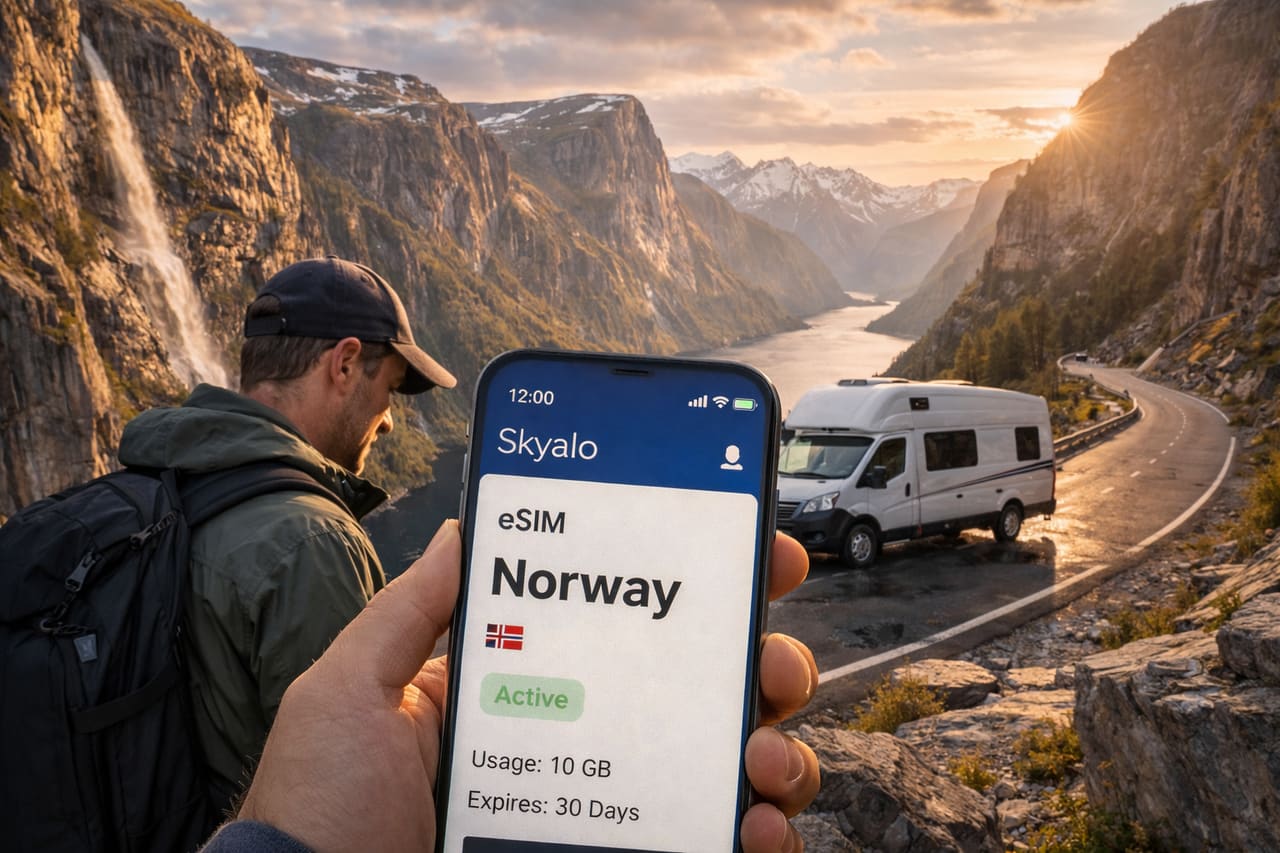 Viaggio tra i fiordi norvegesi con eSIM attiva sullo smartphone – road trip su una strada di montagna