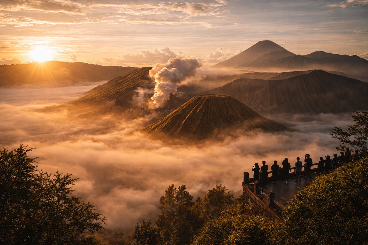 Mount Bromo – uno dei vulcani più spettacolari dell’Indonesia all’alba.