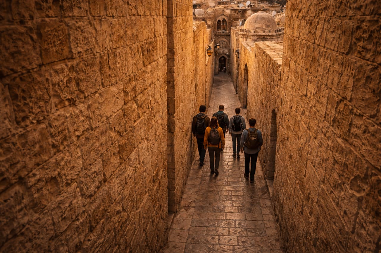 Icheri Sheher - un vicolo stretto con alte antiche mura in pietra dai toni caldi; un gruppo di sei turisti cammina sulla strada lastricata, la texture massiccia della pietra antica domina l’inquadratura.