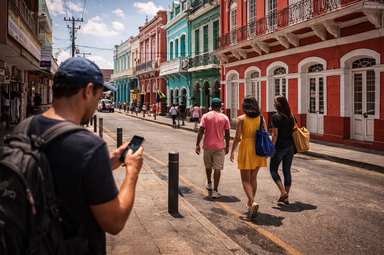 Strada di Kingston con architettura coloniale: una persona sullo sfondo controlla il percorso sullo smartphone