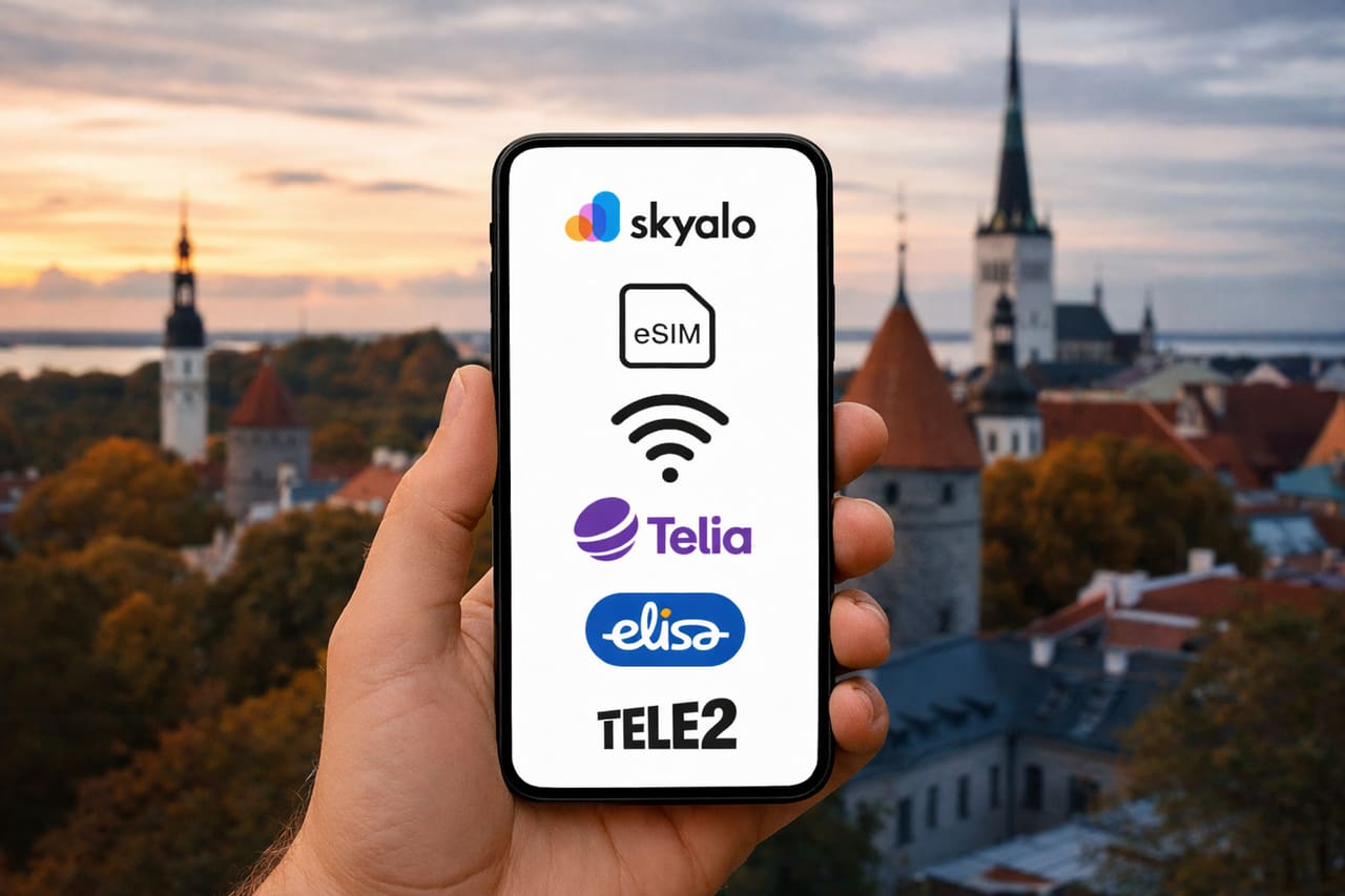 Смартфон в руке с экраном eSIM и логотипами мобильных операторов Эстонии Telia, Elisa и Tele2 на фоне старого города Таллина