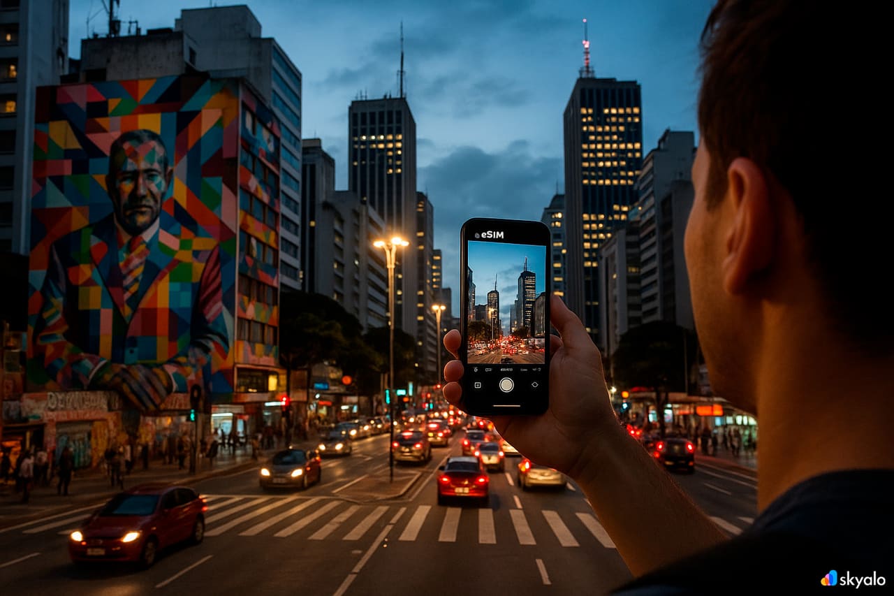 São Paulo gökdelenlerini ve sokak sanatını fotoğraflayan turist; akıllı telefonu Skyalo eSIM ile bağlı