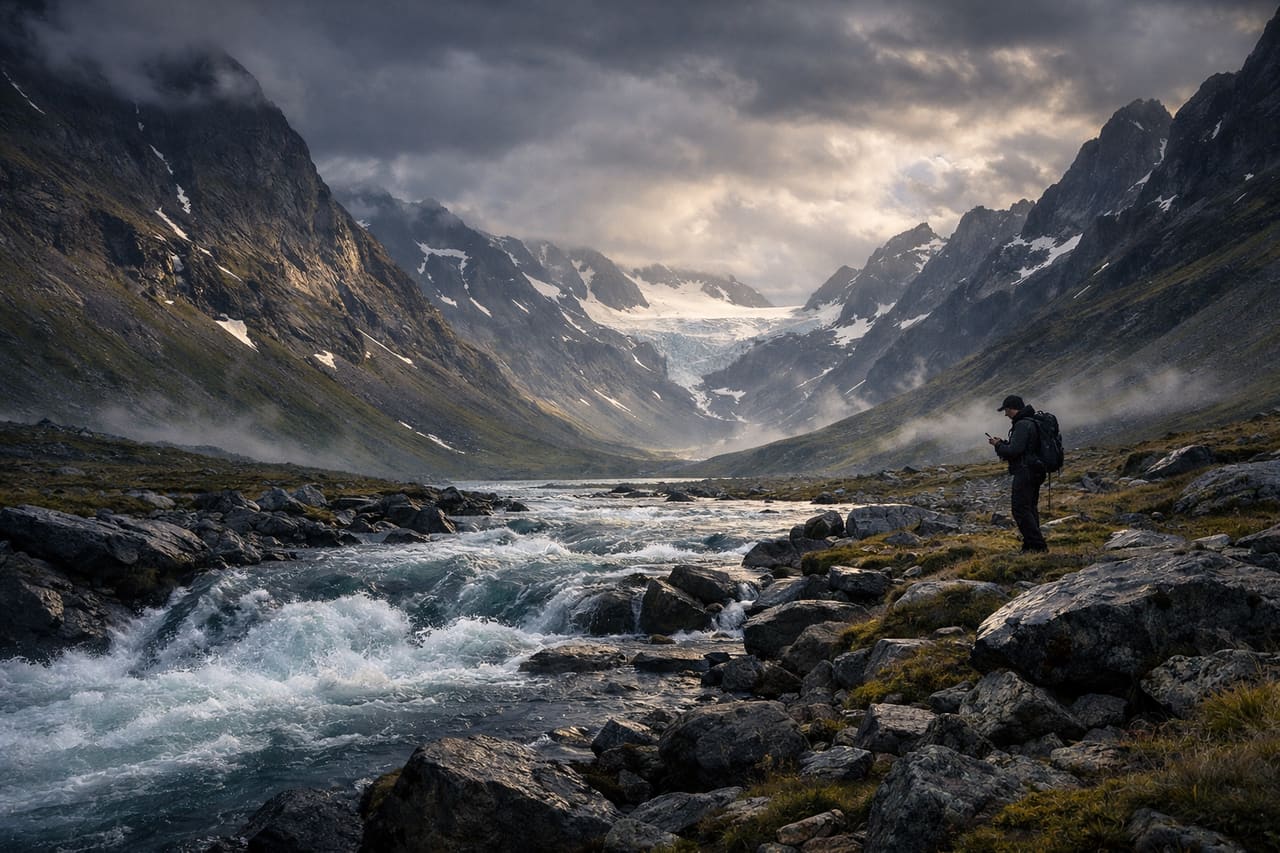 Parco nazionale di Sarek e un viaggiatore con una mappa sullo smartphone
