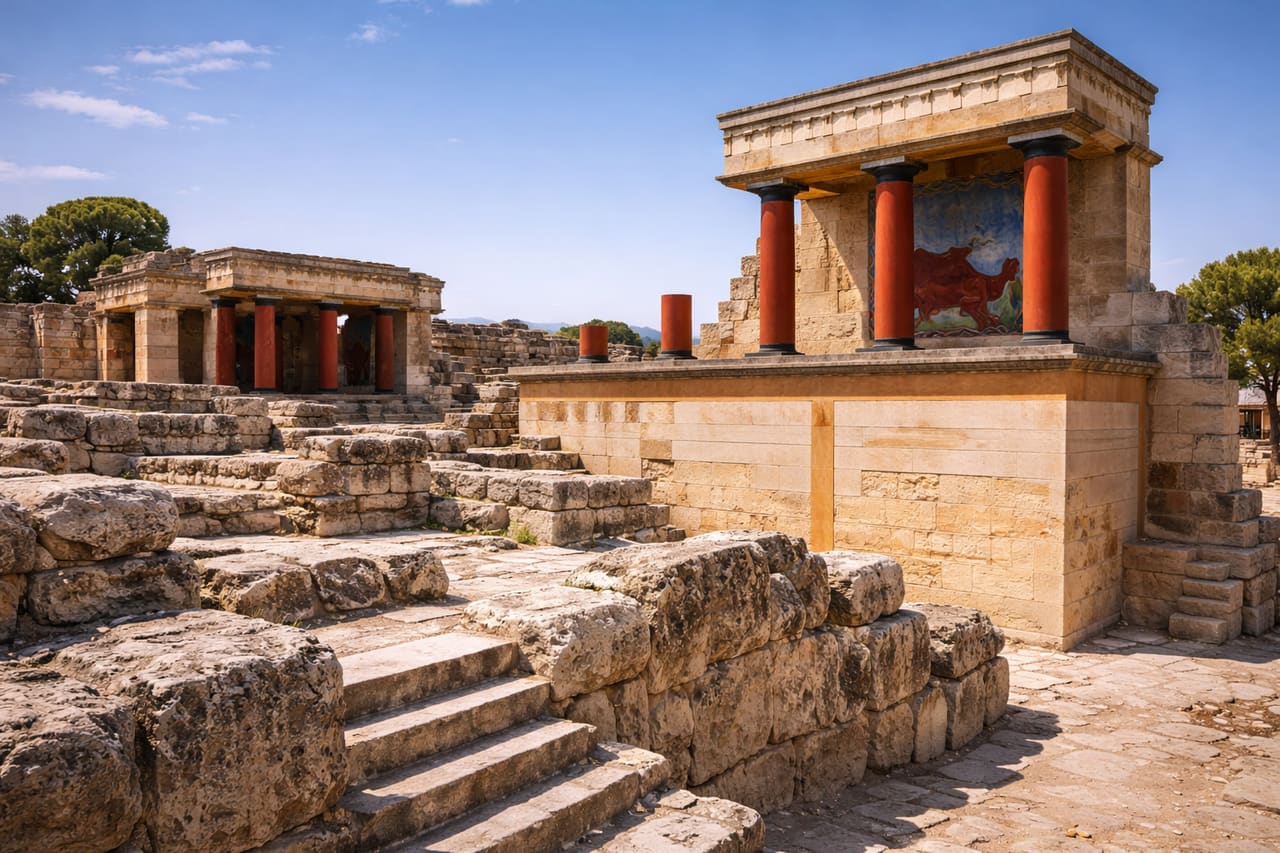 Palazzo di Cnosso a Creta con antiche colonne