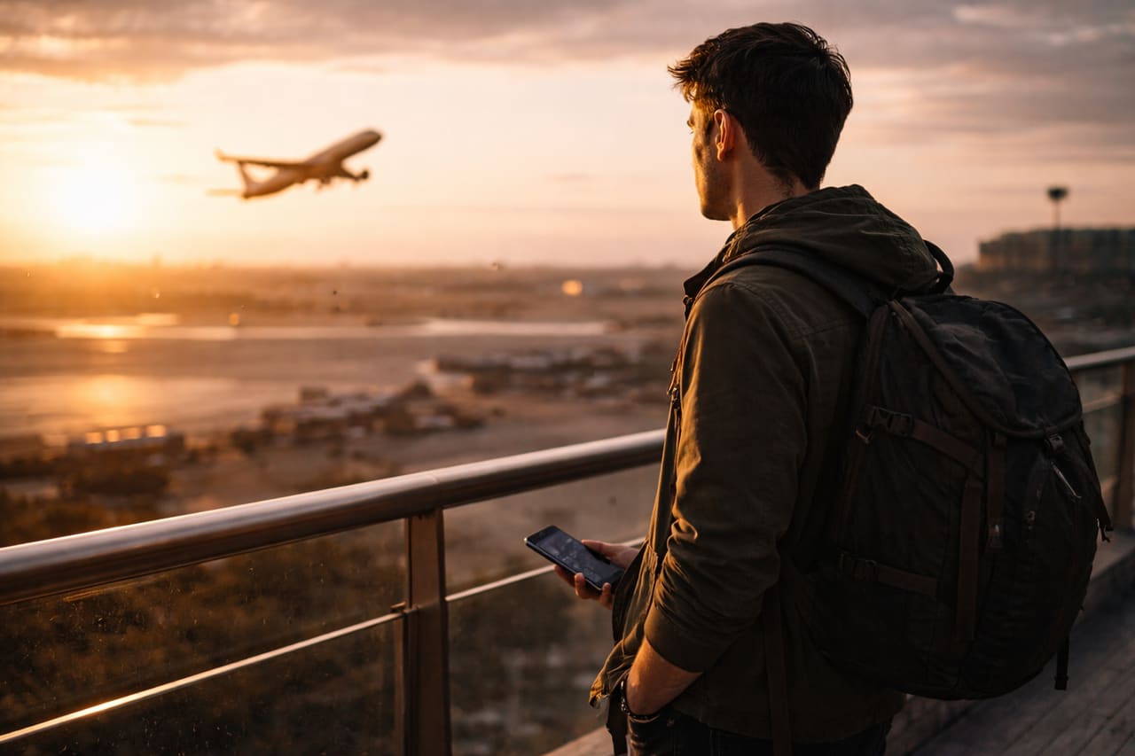 Viaggiatore sulla terrazza dell’aeroporto all’alba con un aereo sullo sfondo, tiene in mano uno smartphone con rete eSIM attiva