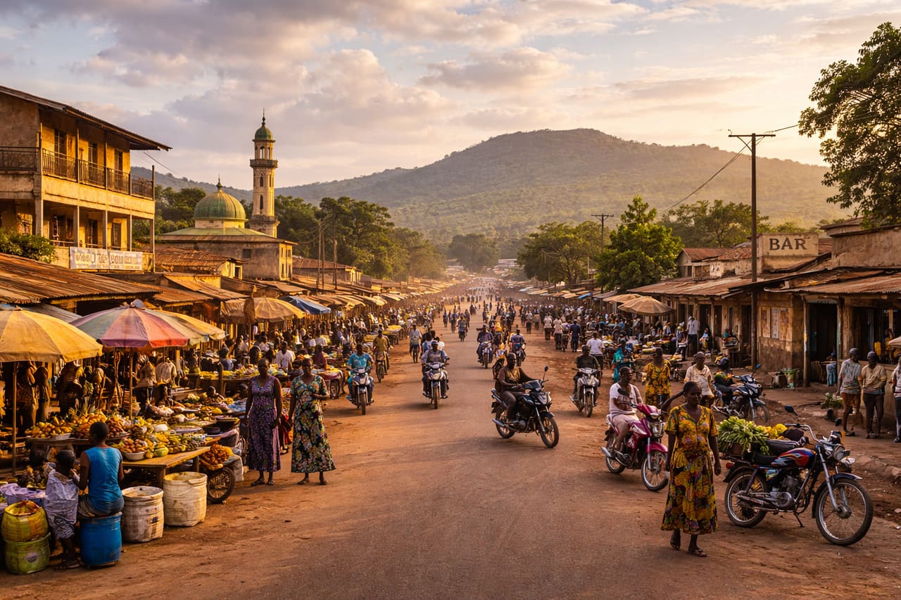 Tanguiéta i Benin med varme gader, lokal arkitektur, åben himmel og stemningen i en nordlig by før turen til naturområder