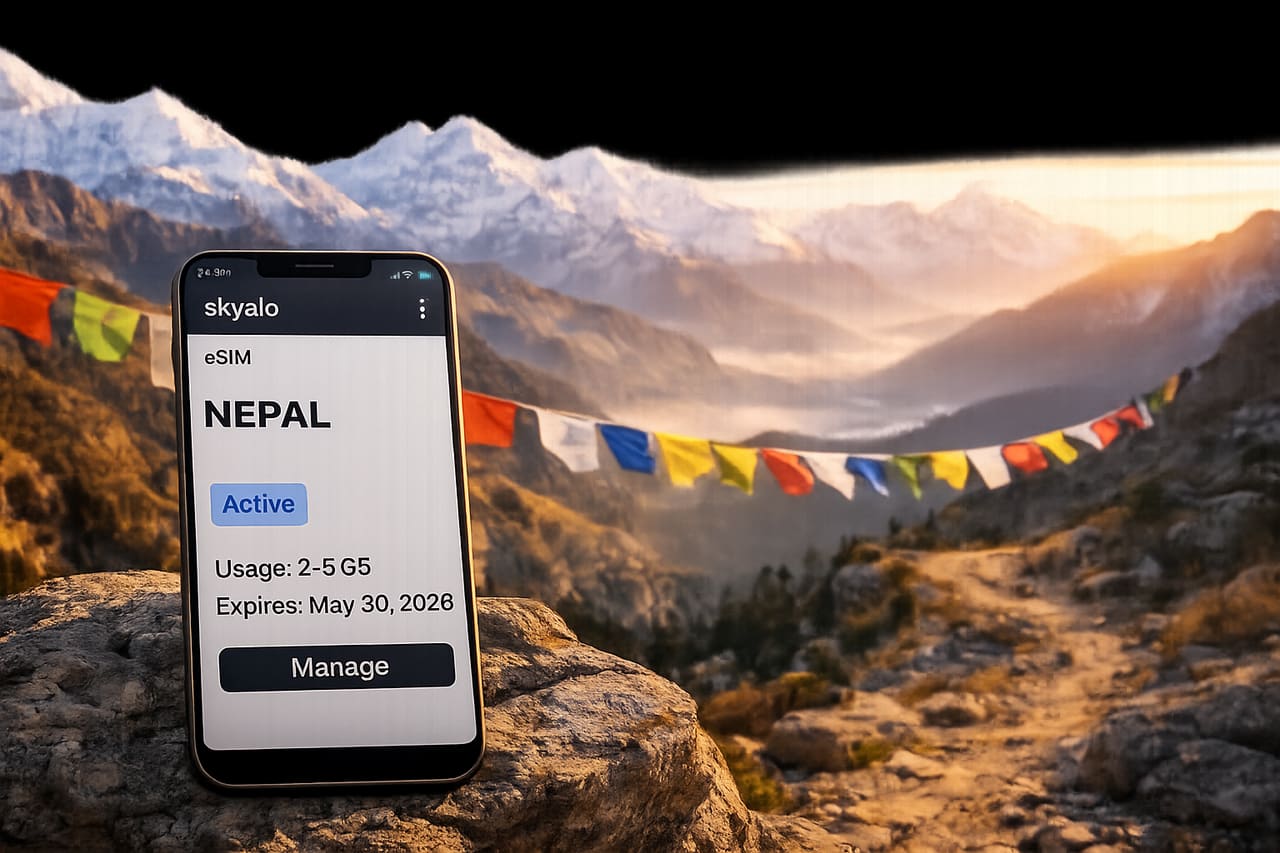 Uno smartphone con eSIM attiva sullo sfondo di un paesaggio montano dell’Himalaya in Nepal.